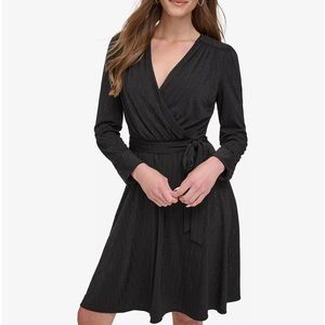 DKNY Black Embellished Faux-Wrap Dress